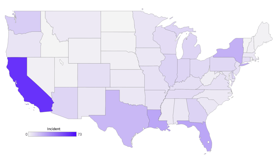 Number of health data breaches by state 2016